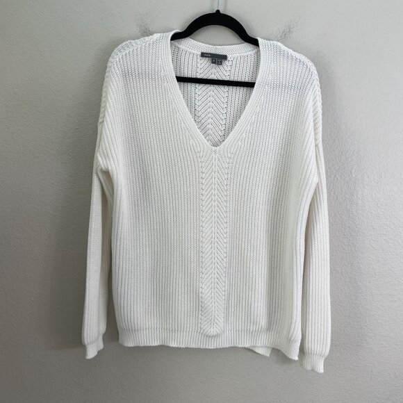 Vince Womens Small Ribbed Knit Directional V Neck Cotton Pullover Sweater White - Picture 8 of 12